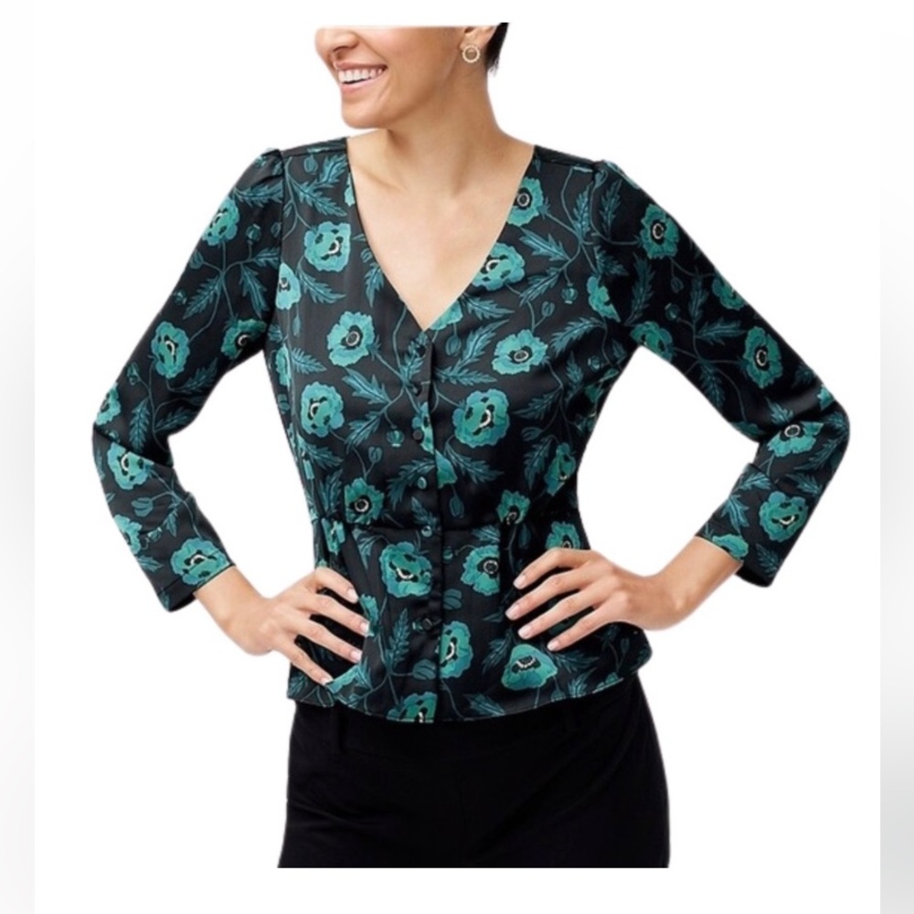 J. Crew Women’s Silky Top Blouse V-Neck Long Sleeve Black Green Size 8